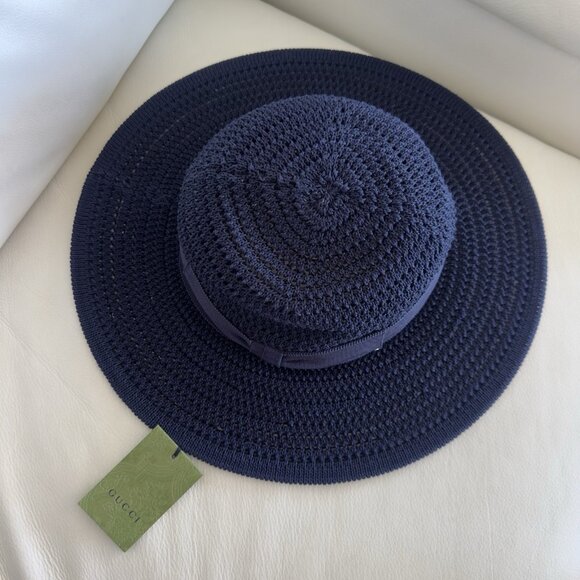 NWT GUCCI  Cotton Crochet Wide Brim Hat M Navy Blue Laerte Sz L - Picture 4 of 8